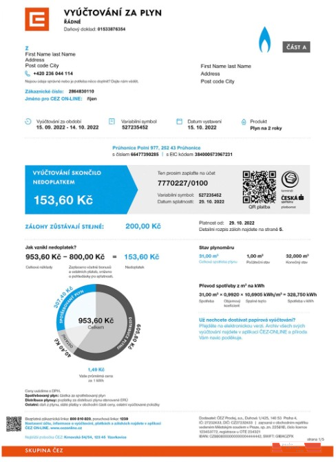 Czech Vyuctovani Za Plyn utility bill